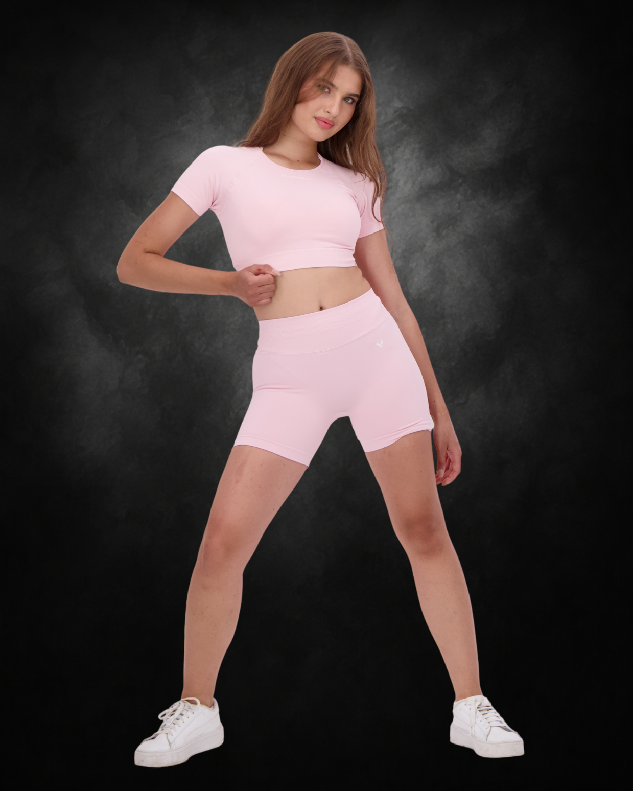 Seamless Curve Ribbed Top & Shorts Set | Pink | Front