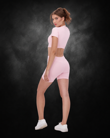 Seamless Curve Ribbed Top & Shorts Set | Pink | Back
