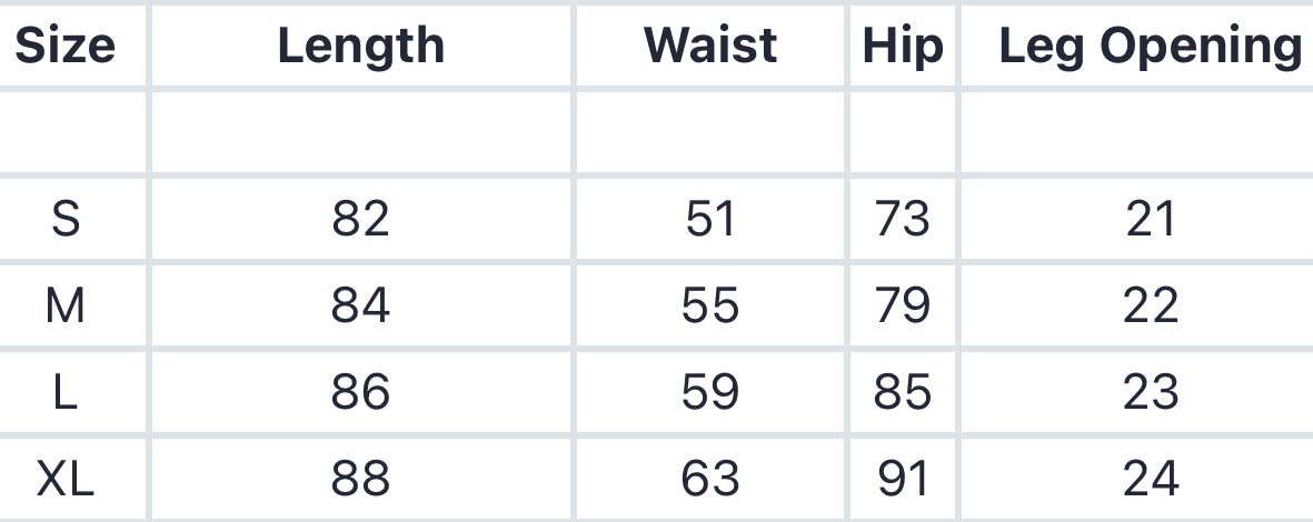 Size chart for Curve Seamless Legging